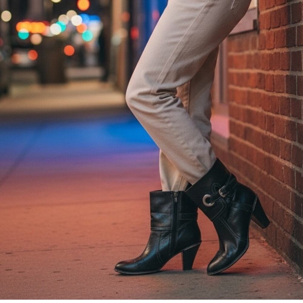 "EURO SOFFT" Black Ankle Booties Pirate SZ 7M Women 3" Heel  Side Zipper Leather